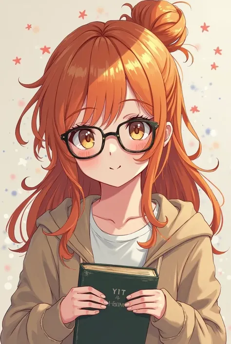 An anime ginger girl with long hair that is tied in a messy bun, with glasses and holding a chemistry book