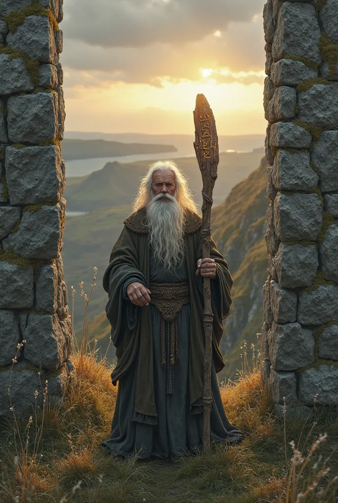 Druide von Anglesey. An old druid with a white beard and an oak rune stands between old stone circles on the island of Anglesey.