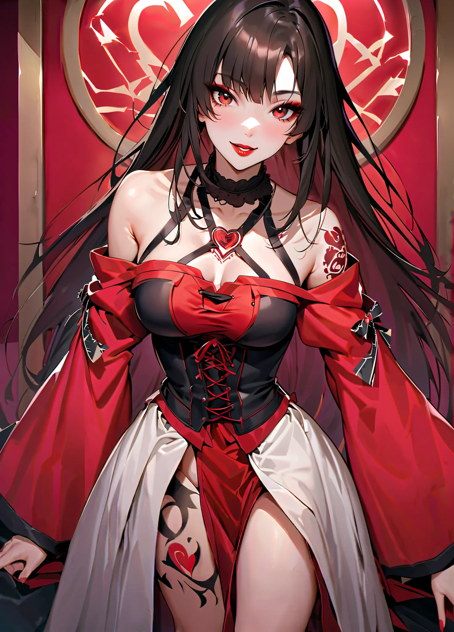 ,Adhiane_ ttgl , red eyes, long hair, tattoo, makeup, 眼band, lipstick,  red lips, clavicle,   dress, Chest, bare shoulders watching viewers, Wide Sleeve,  kimono, band, tattoo, heart,  corsets, loose fitting  dress, bare shoulders watching viewers, watchin...