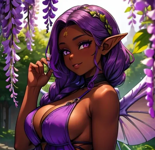 best quality,4k,8k,highres,masterpiece:1.2), ultra-detailed, mature ebony-skinned female, ethereal features, curvy lithe full body, bright amethyst eyes. wisteria curly hair. Fae. Elven ears. fae wings. Dark skin 1.7, DarkChocolate skin 1.8. Dressed in a f...