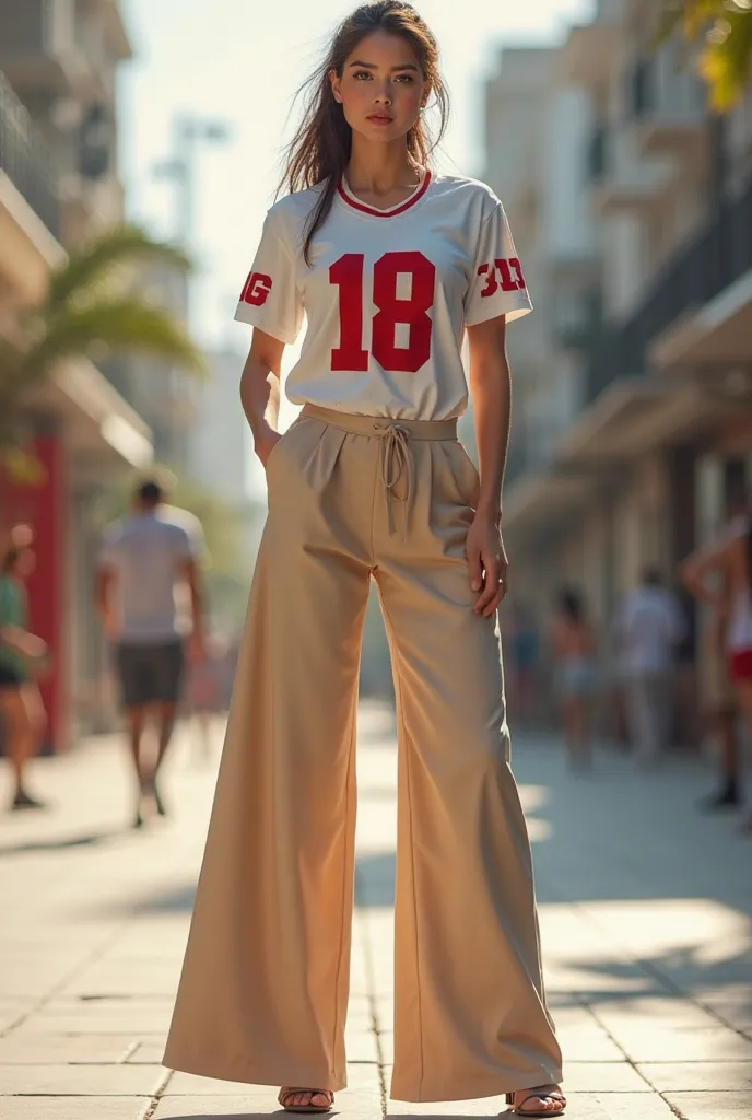 A young woman with high heels and beige loose cloth pants. She has a jersey of an Amarican football player in white with the red number 18 on it. She tied her hair in a loose ponytail