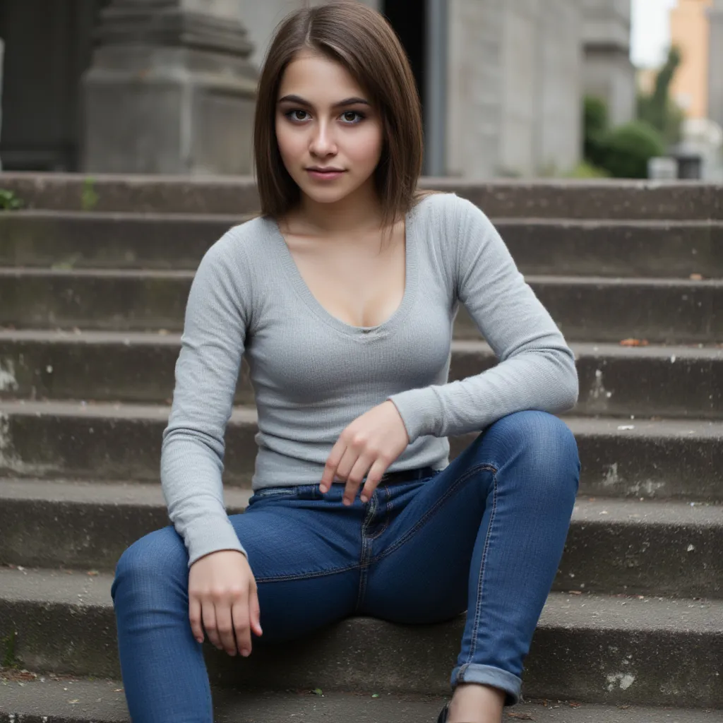 woman sitting on the stairs. Has a thin sweater on. Eine Jeans und Turnschuhe  Stil Fotorealistisch,  sharp focus, very detailed, sunlight, Detail , Fotoreal,  full body