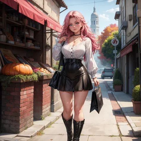 Masterpiece, beautiful art, 8k, art style by sciamano240, very detailed face, detailed hair, detailed clothes, detailed fabric, 1girl, beautiful face, long hair, hot pink hair , model head shot, facing camera, very detailed green eyes, sultry smile, wearin...