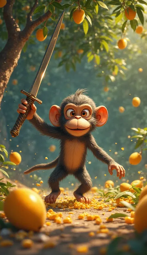 A monkey is cutting down a mango tree with a sword and many mangoes are scattered on the mango tree.