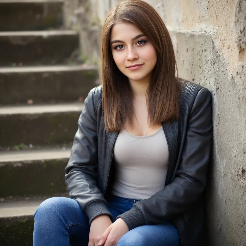 woman sitting on the stairs. Has a thin sweater on. Eine Jeans und Turnschuhe  Stil Fotorealistisch,  sharp focus, very detailed, sunlight, Detail , Fotoreal,  full body