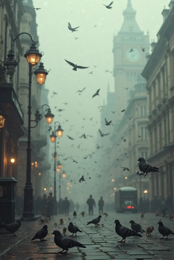 s of birds and small animals on the streets of London during the smog