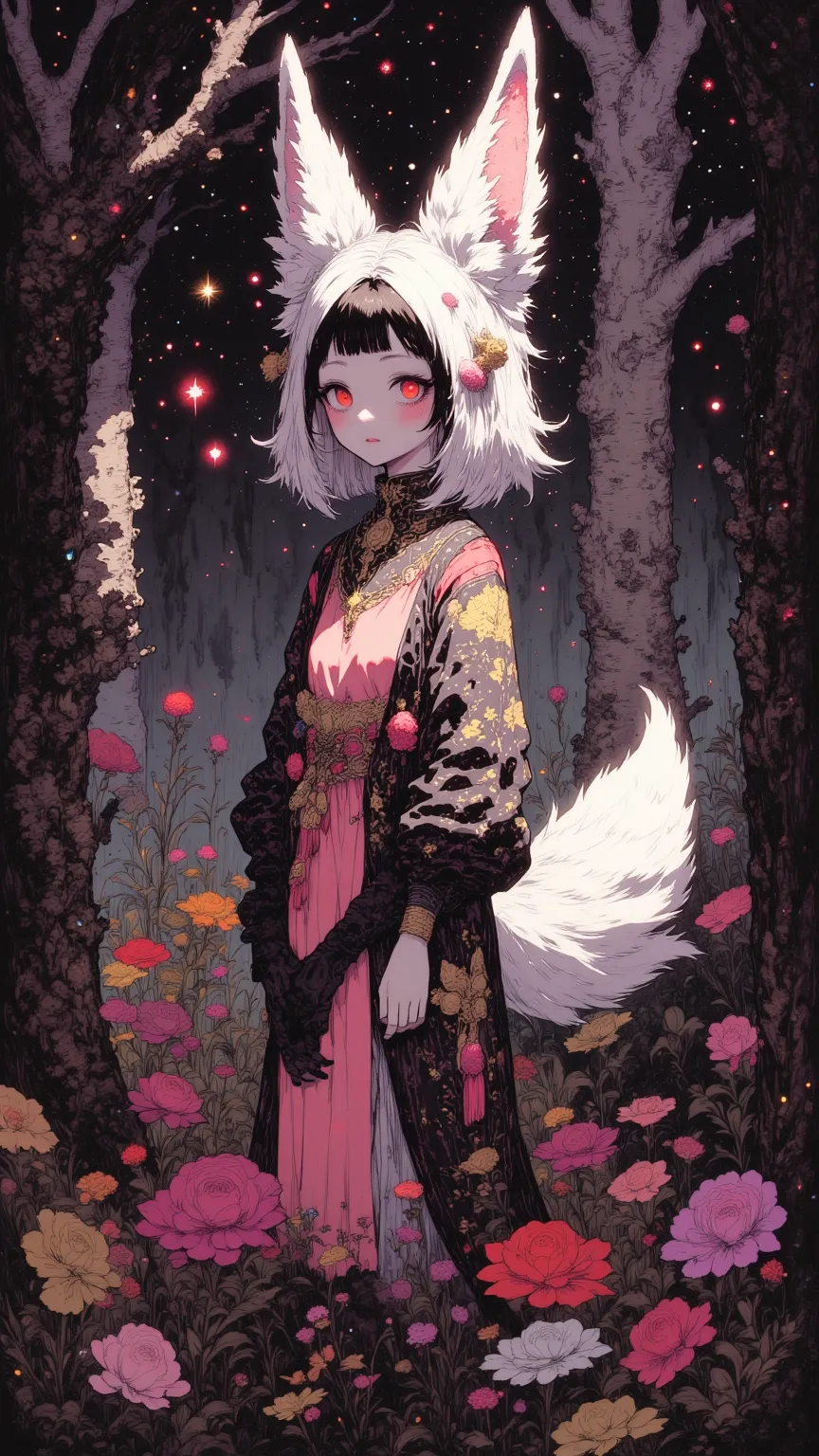 A girl in a mysterious costume，Fox-like ears and tail，Bright iridescent feathers，Subtle whites、Red and silver tones，Fox-like eyes，Full Face ，Enchanted forest with mystery，With shining plants and real colors，Mesmerizing dazzling light，Intricate and vivid be...