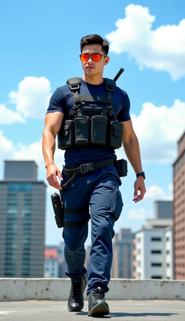 A young, Man 24 Years Tigh Skin Smooth muscular , likely in his late s or early twenties, is depicted. He appears to be of East Asian descent. He is wearing dark navy soldier blue tactical uniform, including a short-sleeved  soldier , tight-fitting pants w...