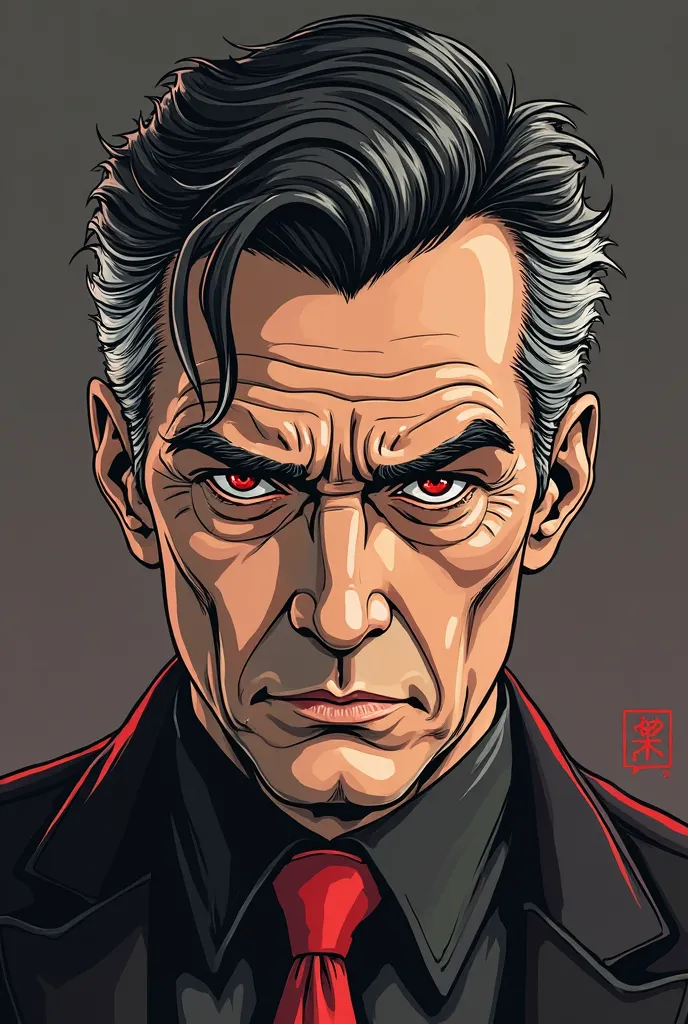 A manga-style portrait of a mafia man in his middle age with sharp, handsome features. His eyes are red, with a slightly cold and mysterious expression. His hair is black with streaks of white, indicating his age but not overly old. He has slight wrinkles,...