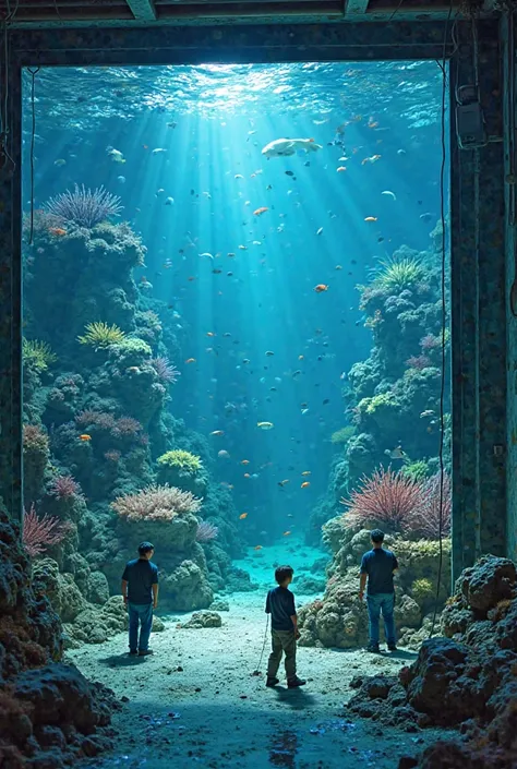 A giant aquarium is being assembled with tiny workers arranging colorful coral reefs, placing fish, and adjusting water pumps. The soft, diffused underwater lighting illuminates the glass tank, creating a peaceful and mesmerizing environment.