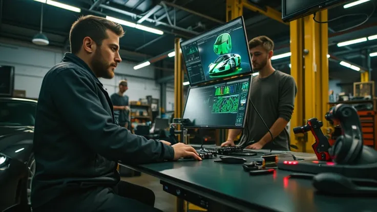 A cinematic shot of a Lamborghini engineer tuning the Temerario’s AI-driven driving modes in a high-tech garage. The digital screens and precision tools emphasize the technological sophistication behind this hypercar. Ultra HD 8K, hyper-realistic, professi...