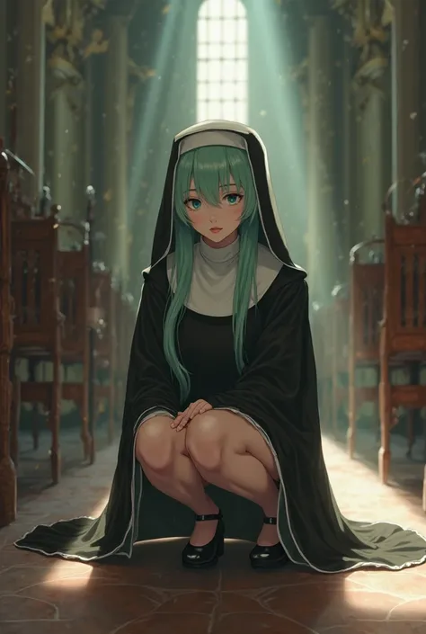 Hyper realistic full body view of beautiful nun hatsune miku, long legs, Long green Hair, Wide hips, delicate hands with long slender fingers, young catholic nun, pretty, cute face, Short skirt, Black high heel shoes, frontal view, ray of light breaking th...