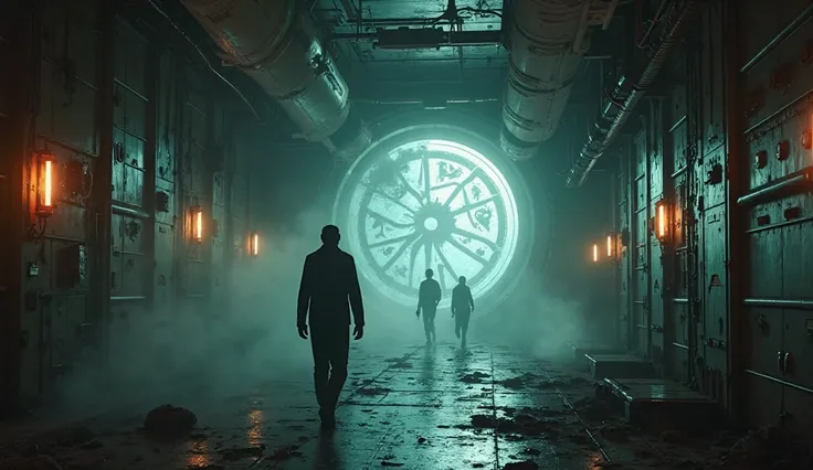  A haunting visual of a space station in distress, flickering lights, shadowy figures moving in the background, and eerie alien symbols appearing on the walls.