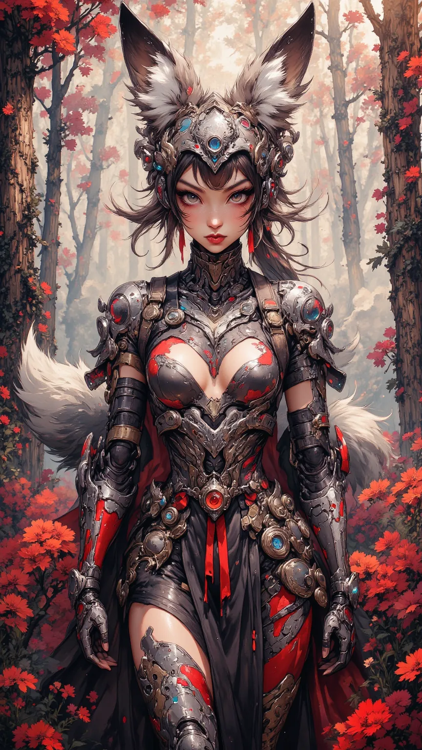 A girl in a mysterious costume，Fox-like ears and tail，Bright iridescent feathers，Subtle whites、Red and silver tones，Fox-like eyes，Full Face ，Enchanted forest with mystery，With shining plants and real colors，Mesmerizing dazzling light，Intricate and vivid be...