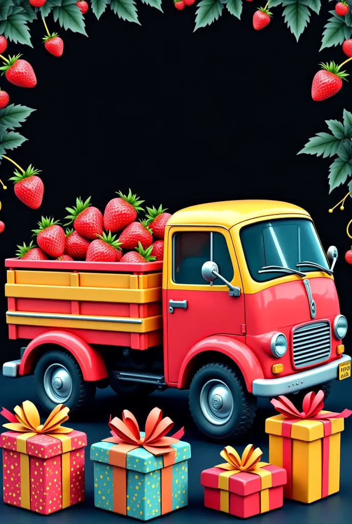 A sticker for a red and yellow truck carrying strawberries surrounded by a prominent black color carrying gifts 