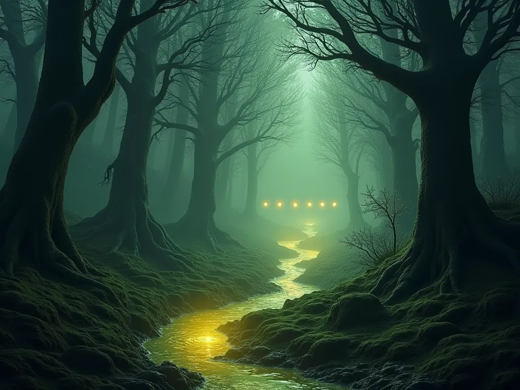 A dark forest and a path through it that passes by a spring from which yellow water flows and flows over the path. In the distance, numerous evil yellow eyes can be seen.