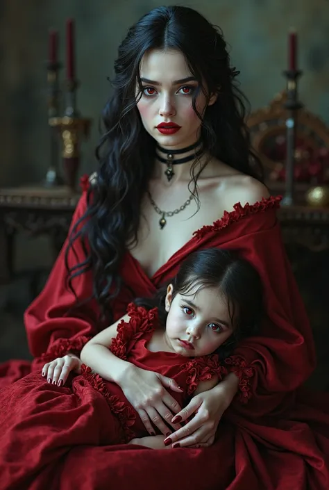 A beautiful vampire lady with her two years half vampire daughter sitting in her lap and they both seeing front direction. Red crimson eyes beautiful body features and unearthly beauty.