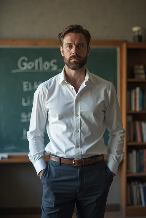 A photo of a male teacher with five vowel letters