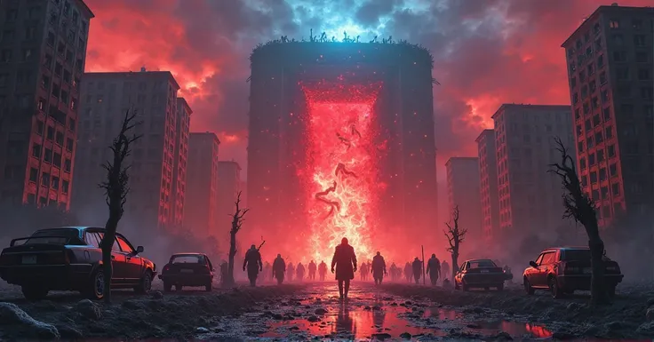 a portal to another dimension, monsters are pouring out from that portal, the portal color is red and blue light, located in the city ruin, everything was abandoned, cars recked, dead bodies, monsters and beasts hundred of them making chaos, war is happeni...