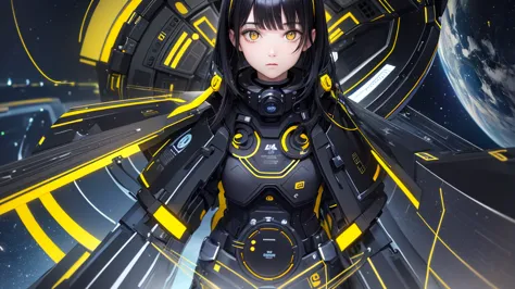 from future intelligence, technology complexity, effect mystery, signals, confident look, space black pioneer dress, yellow eyes, black hair