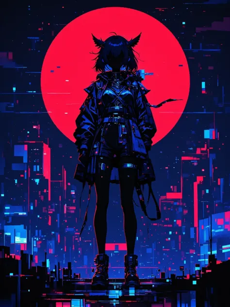 (masterpiece, best quality:1.2), 1girl, Silhouette of a cyberpunk fairy standing before a red moon, vector art style, similar to Yoji Shinkawa and Katsuhiro Otomo, dark background, glitch effect, Pixelated style, deep blue tones, masterpiece, ultra high de...