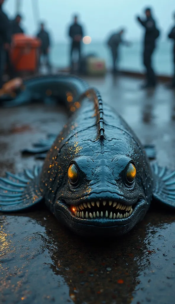 ", the alien marine fish lies motionless on the wet deck of a fishing vessel,  It's dark, armored body covered in iridescent, scale-like plates that shine under the light Cold. The fish has four glowing, yellow eyes positioned abnormally on its elongated h...