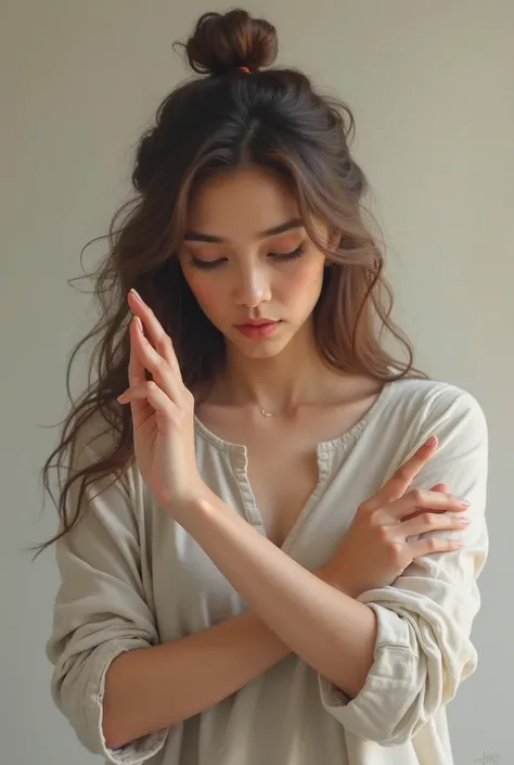 A woman measuring the length of her left wrist with her right hand index finger and thumb in a praying position