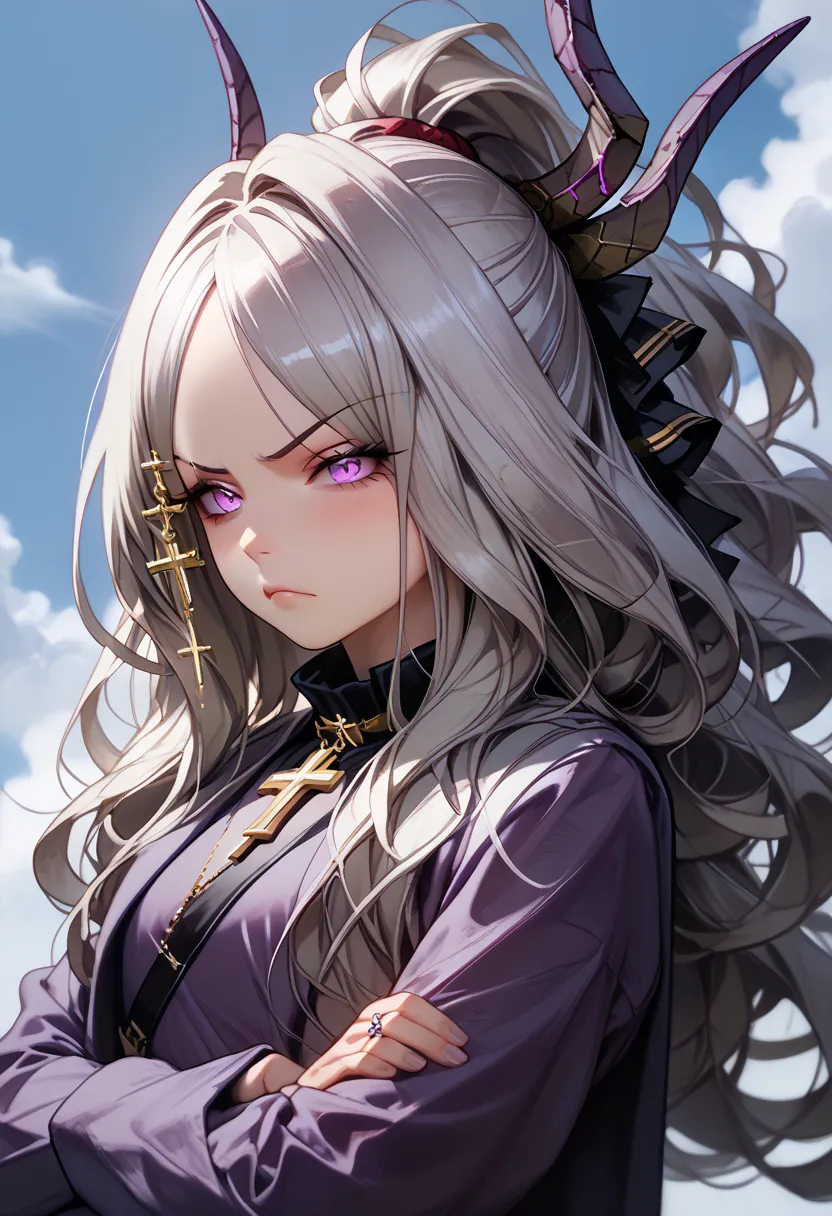 ((( Hina Sorasaki)))、((( Silver Hair)))、((( long hair)))、(((purple ring on the head)))、(((((Purple outfit)))))、((( purple long coat)))、((((( cross your arms a little)))))、((((( small tits))))),(((((V Sharp Eyebrow  ))))),((( looks away)))、,(anger)、(((Faint...