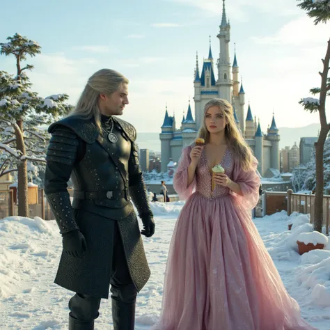 ( Masterpiece , high quality, high resolution, realistic photo,  photo ) Geralt and Freya, stand in the winter with Disneyland in the background,  Sunny, funny. with ice cream in hand