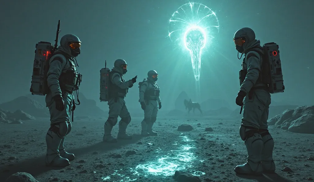 "A group of government scientists in hazmat suits examine the glowing imprints left by ALIEN's presence. High-tech devices scan the traces of energy as puzzled scientists discuss their groundbreaking discovery."