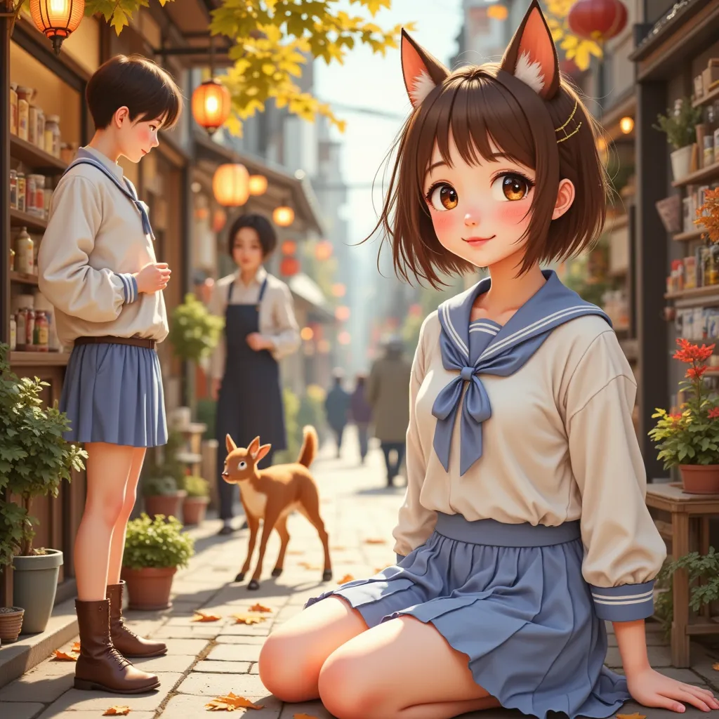 (     Top Quality , portable ,     very well detailed ),     girls on the left  ，deer，    ピンクのふわふわのhair \(\),    hair,       short bob cut     ,      thick eyebrows ，     long sleeve sailor suit     ，     pleated skirt，      LIGHT BLUE RIBBON      ，    bro...