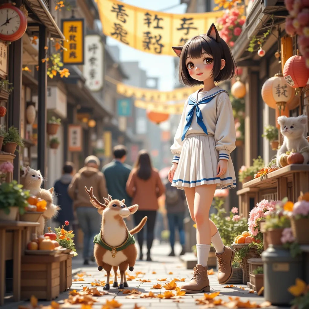 (     Top Quality , portable ,     very well detailed ),     girls on the left  ，deer，    ピンクのふわふわのhair \(\),    hair,       short bob cut     ,      thick eyebrows ，     long sleeve sailor suit     ，     pleated skirt，      LIGHT BLUE RIBBON      ，    bro...