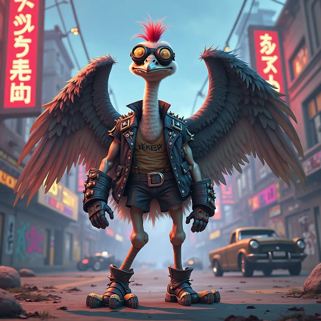 create a cute ostrich character, but he's a fighting game character, he's a biker