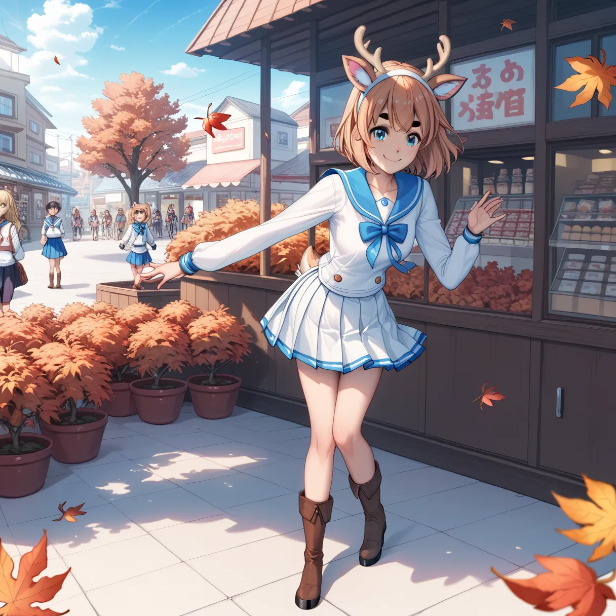 (     Top Quality , portable ,     very well detailed ),     girls on the left  ，deer，    ピンクのふわふわのhair \(\),    hair,       short bob cut     ,      thick eyebrows ，     long sleeve sailor suit     ，     pleated skirt，      LIGHT BLUE RIBBON      ，    bro...