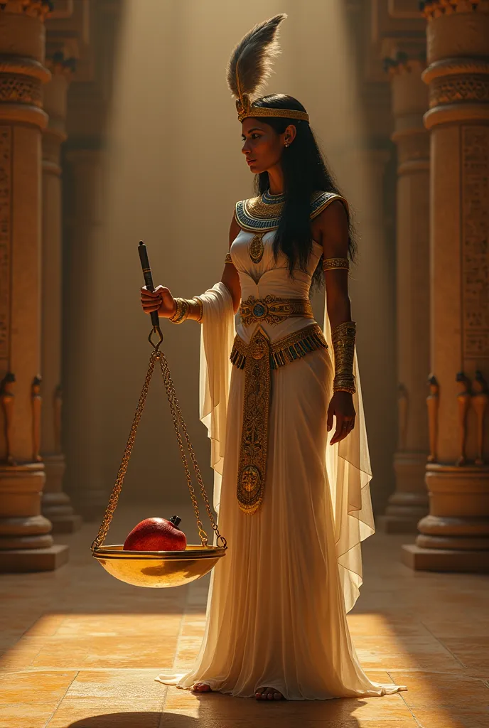 Generate a realistic and majestic image of the goddess Maat placing her sacred pen on the scale during the trial in the Duat. On the other side of the scale, the heart of a deceased woman expects to be heavy for determine her destiny in the afterlife. The ...