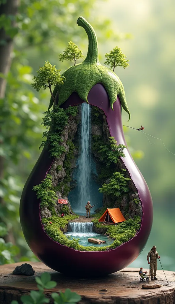 A realistic and highly detailed surreal artwork featuring a eggplant with a magical miniature world inside. The eggplant e is partially hollowed out, revealing a tiny landscape with a waterfall cascading down into a small pond. Inside the eggplant, there i...