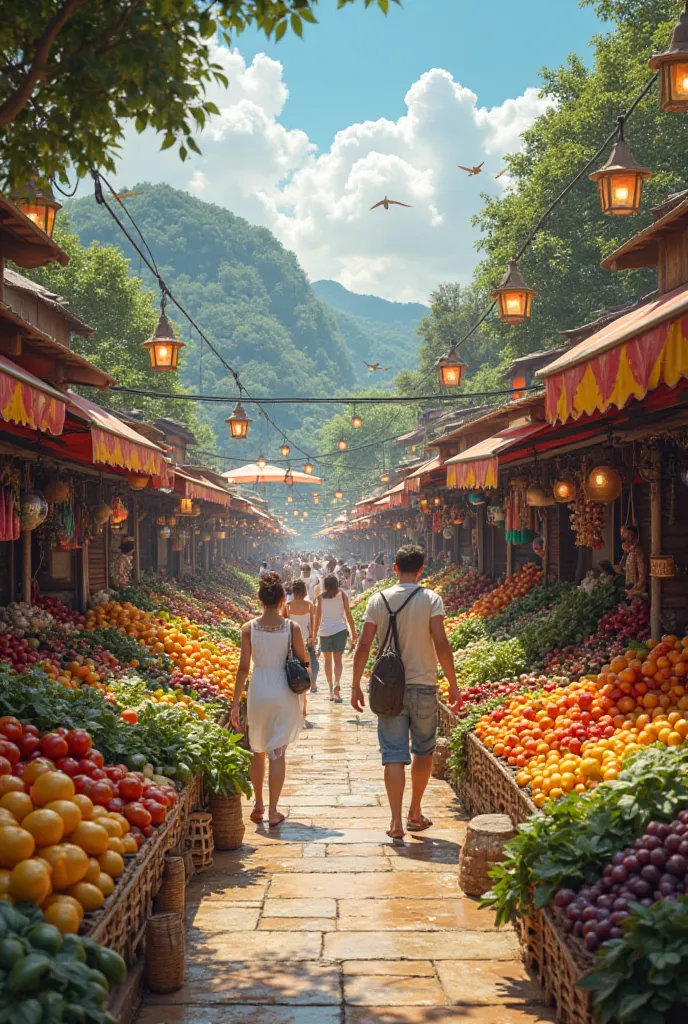 Photo realiste en 4k avec plein de détail d'un marché paradisiaque avec plein de fruits et légumes 