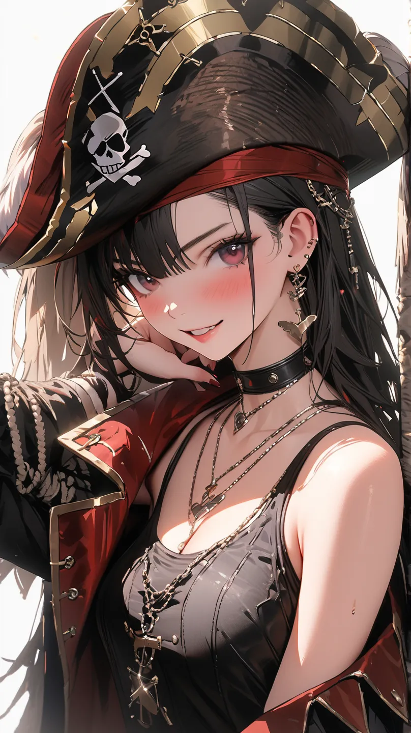 (Pirate War:1.5),Girl dressed as a pirate, one girl,  black chokers, 超Hi-Res, retina, masterpiece,  accurate, 人体解剖学的に accurate, textured skin, Super Detail,  Attention to Details , high quality, 最high quality, Hi-Res, 4K