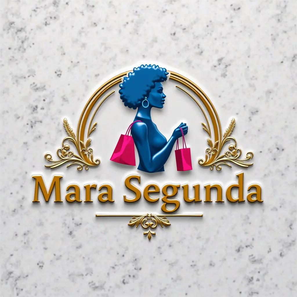 A professional 2d logo design on a gray granite wall. The logo features the name 'Mara Segunda' , letras cor  brilho de vidro vivid  an elegant golden font. Above the text is a blue VIVID vivid silhouette of a  woman  Afroamerican professional holding a sh...