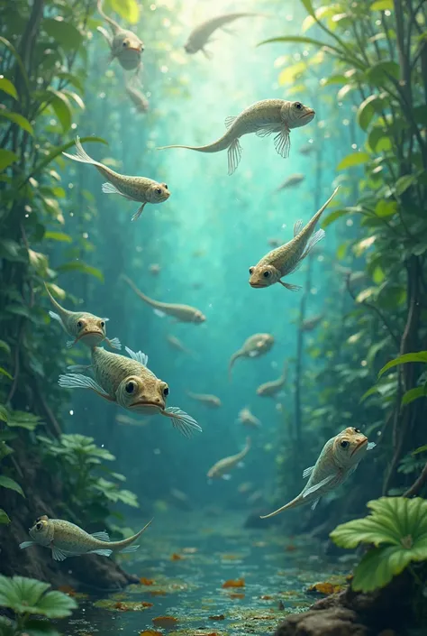 A picture of a lot of tadpoles swimming around in an idyllic lake. With green plants both in the water and around the water. The image should be viewed from the perspective of a tadpole