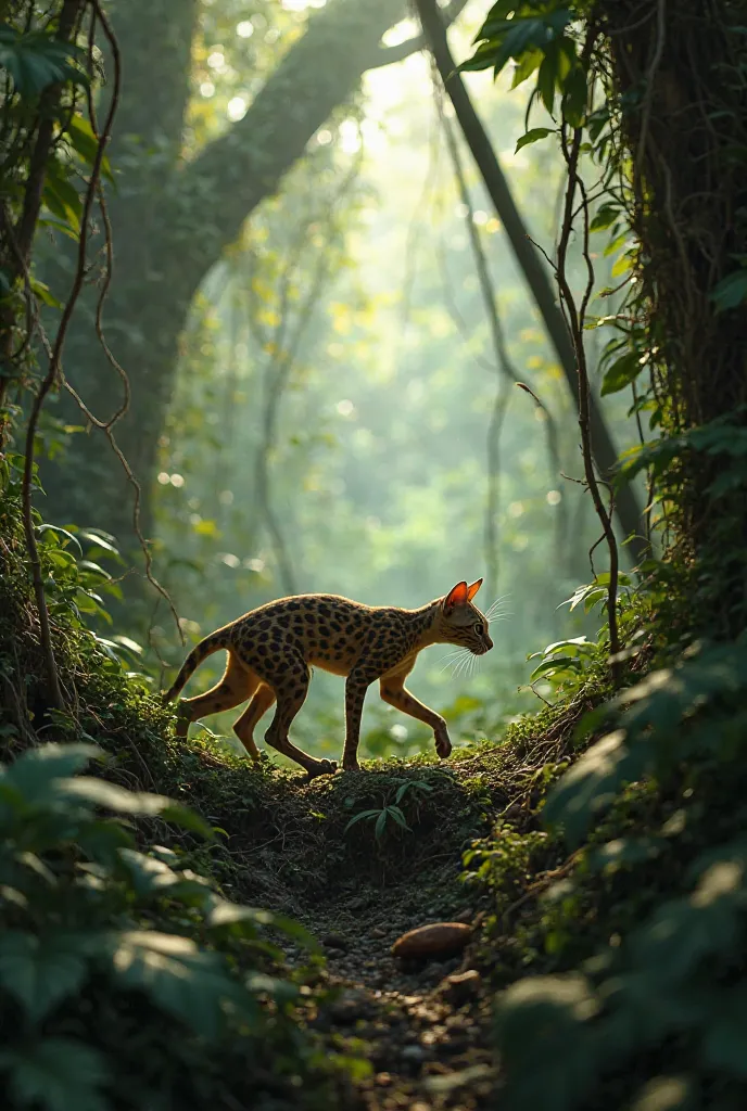 A thin and skinny cat got lost in the jungle.

