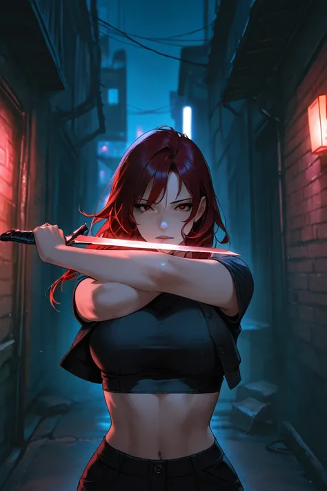 beautiful villain girl, dark red hair, dark eyes, in an alley, attractive, top quality, masterpiece, cinematic shot, night time, dark ambience, dynamic pose, mysterious, assassin crop top, bedroom eyes, wearing a short sleeve cardigan crop top, has a short...