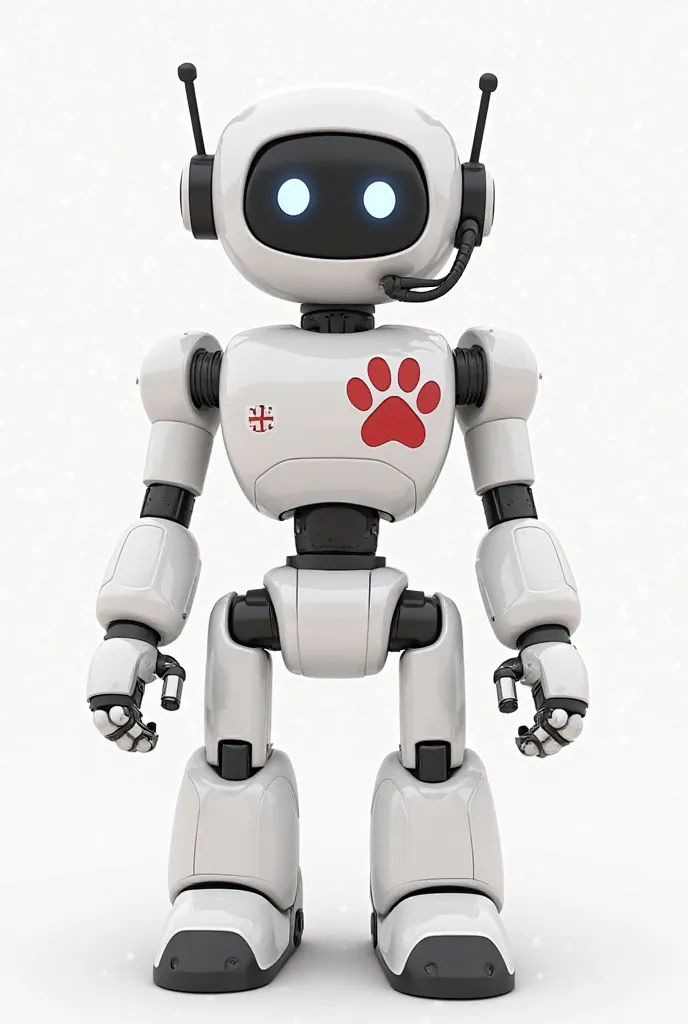 draw a veteran robot ,it's white ,with kind black eyes ,he has two arms and legs ,he moves with wheels ,on the left side of his chest he has a red paw with a cross , he also has two ears with a microphone 