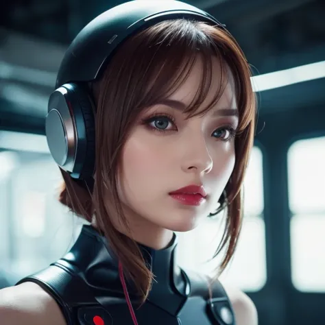  close-up of a woman wearing a futuristic helmet and red lipstick, Cyberpunk Jackie Wells, cgsociety 9,  style for stilets = Retro futuristic ,  beautiful android woman ,   female android ,  retro futuristic fashion , movie「 Blade Runner 」Still image of, F...