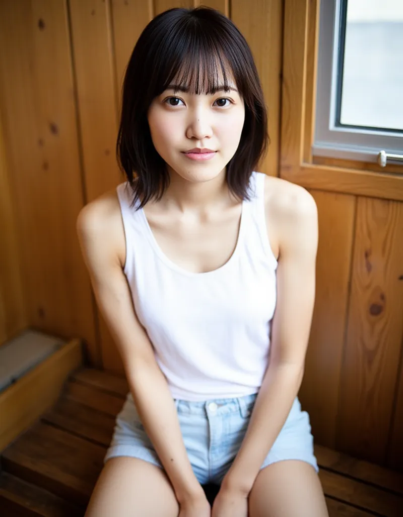 The image is a portrait of a young Asian woman named shogeko sitting on a wooden bench. She is wearing a white tank top and light blue shorts. Her skin is fair and her figure is slim. Her hair is styled in a shoulder-length bob with bangs and she is lookin...