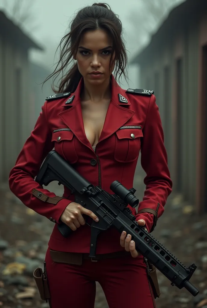 red alert. a girl in a sexy uniform. With a gun