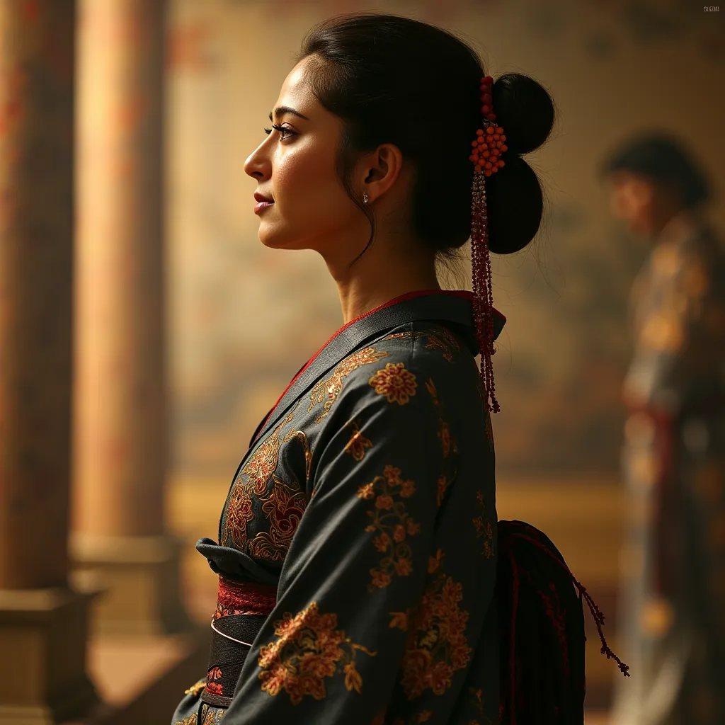 (AnushkaShettyFlux :1.1)  medium shot of  samurai geisha, beautiful , looking up, leather armour, silk robe, soft lighting, film grain, from above, upper body, epiCPhoto, side profile