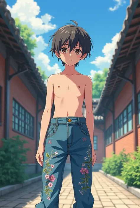  anime boy wearing his little sisters embroidered high-waisted mom jeans shirtless school