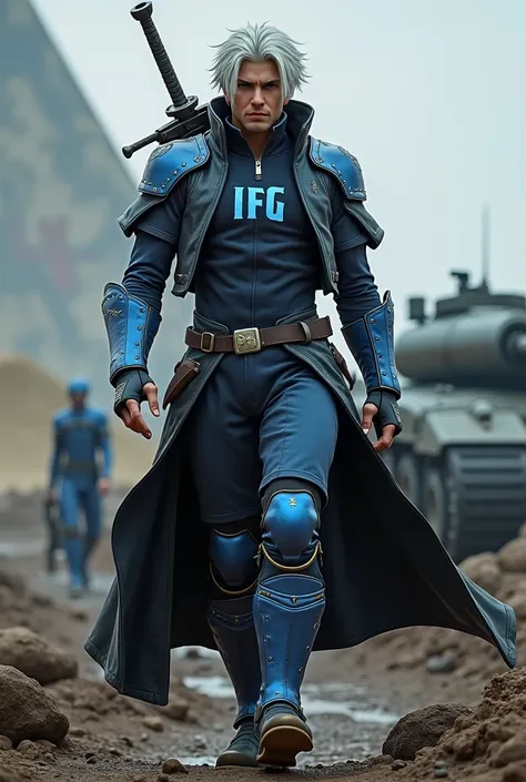 Vergil DMC holding yamato,leader of tank squad, "IFg" text on costume, blue accent, pyramid background