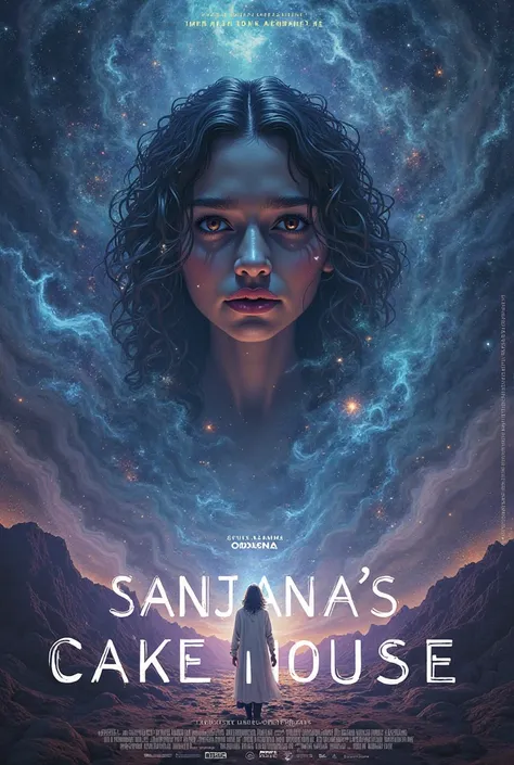 A poster with "Sanjana's Cake House" written on it , but the poster should be in Interstellar movie poster style 
